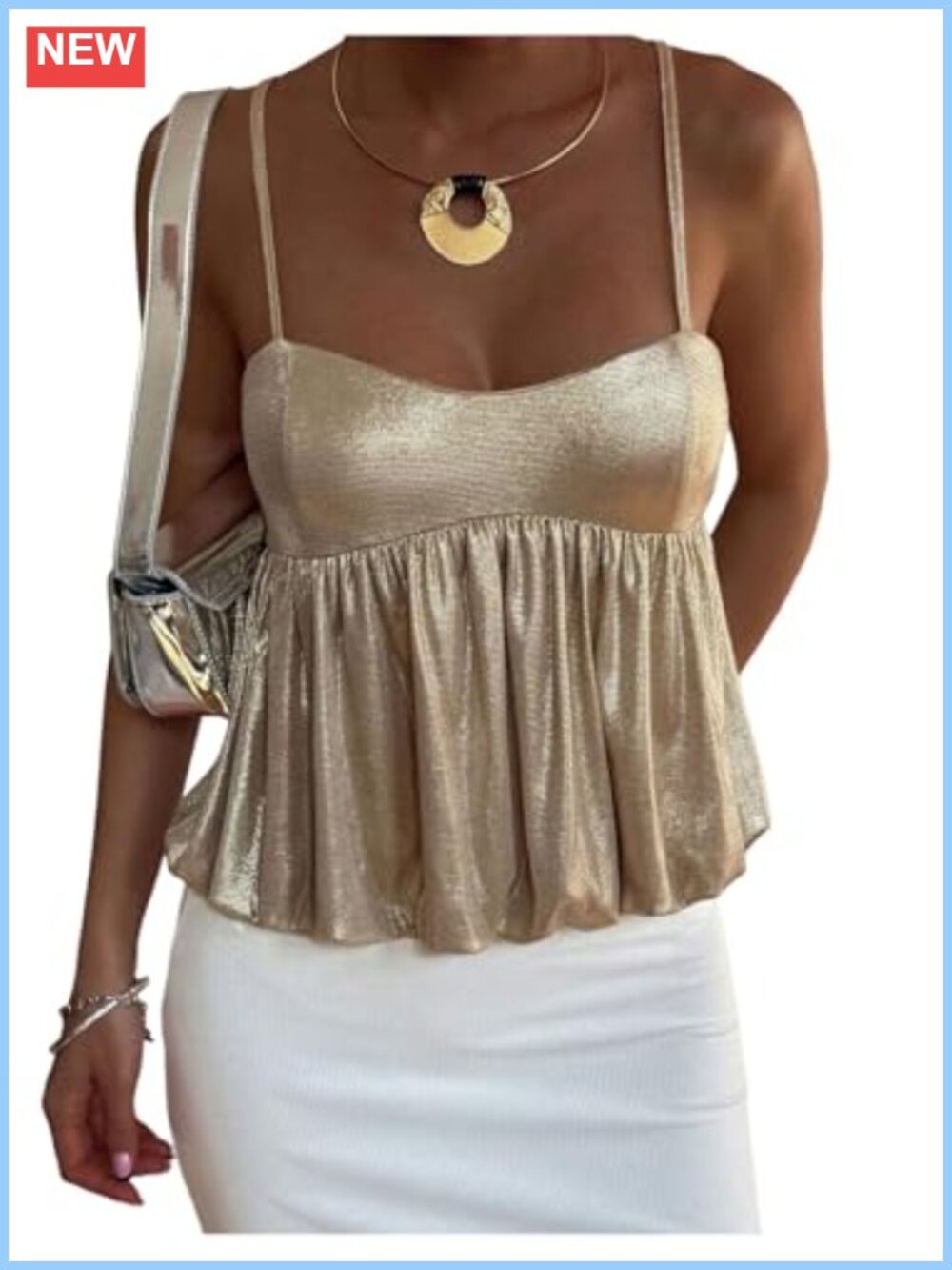 Metallic Peplum Cami Top Spaghetti Strap Ruffle Hem Party Top